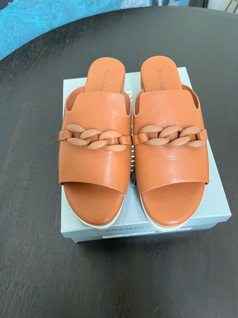 Pierre Dumas Cognac Tan Chain-Trim Slide Mules Size 9